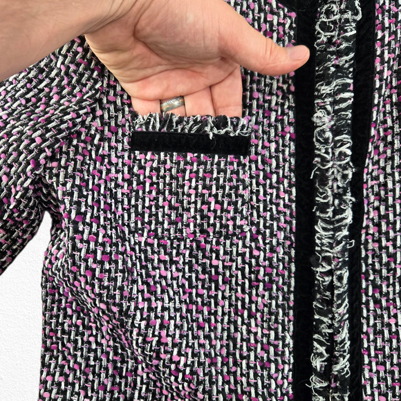 Y2K Sag Harbor Tweed Jacket Black Pink Boucle Fringe Trim Blazer Size 14 - Picture 7 of 11